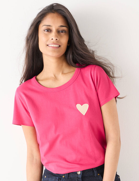 T-shirt uni brodé coeur manches courtes (rose) T-shirt uni brodé coeur manches courtes (rose)